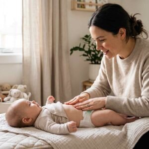 A mother using massage to relieve baby constipation fast.