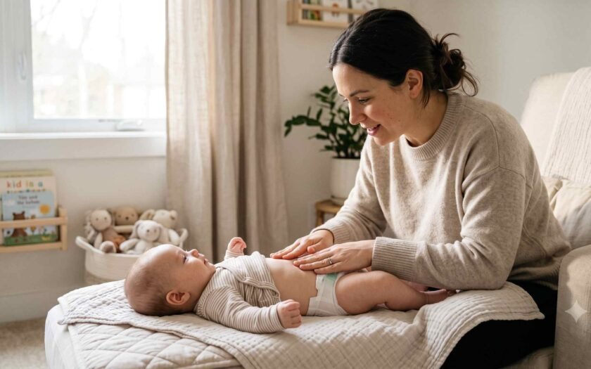 A mother using massage to relieve baby constipation fast.