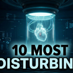 A futuristic lab with a glowing bio-vat containing a human heart and fiber optic cables, with the text "10 MOST DISTURBING" overlaid. A visual for the article on 10 most disturbing scientific experiments of 2026
