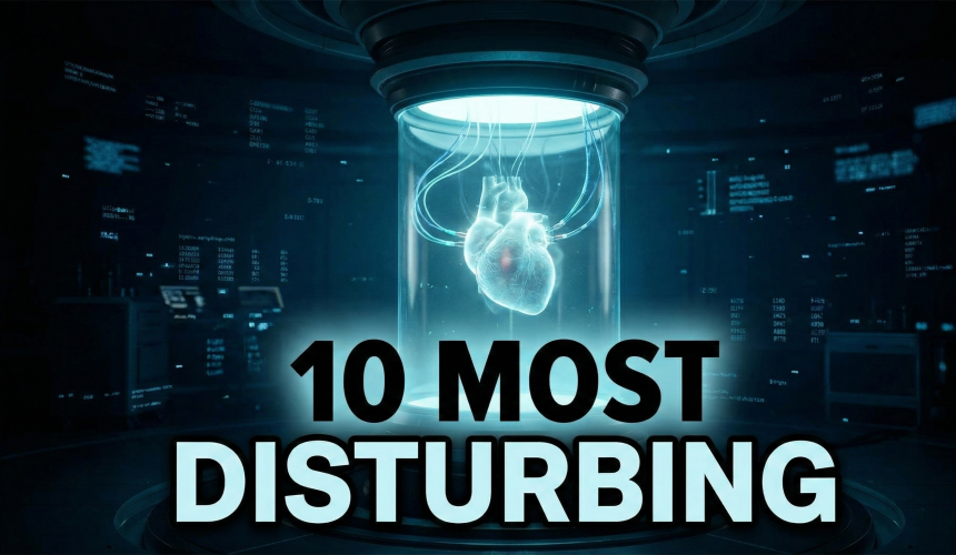 A futuristic lab with a glowing bio-vat containing a human heart and fiber optic cables, with the text "10 MOST DISTURBING" overlaid. A visual for the article on 10 most disturbing scientific experiments of 2026