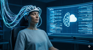 Human neural bridge 2026 consciousness upload experiment glowing fiber optics.