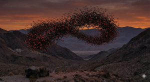 AI drone swarm intelligence autonomous micro-drones mountain nest.