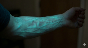 Bio-luminescent human skin gene editing jellyfish DNA glow experiment.