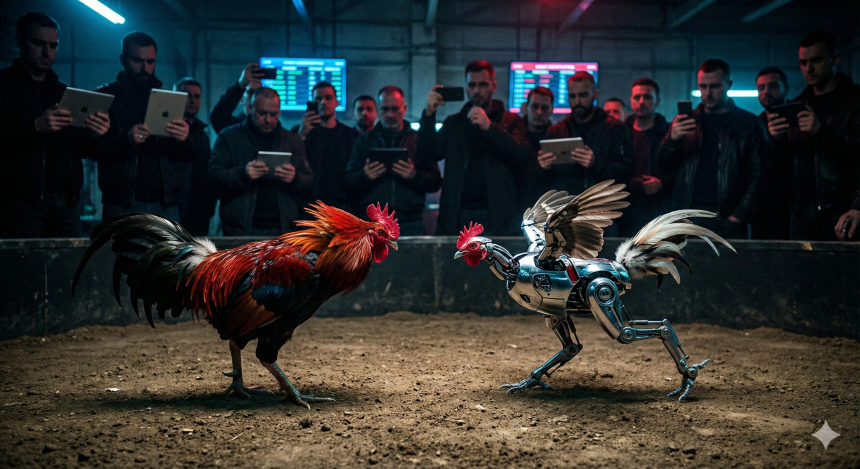 A tense, high-contrast photograph of an underground Robot Cockfighting match. A live red rooster faces off against a chrome, AI-powered mechanical rooster in a dirt pit, surrounded by a crowd of men holding tablets for betting