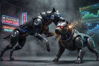 Hyper-realistic image of two biomimetic AI combat robots—a mechanical wolf and a robotic pitbull—fighting in a dark underground arena with sparks, neon lights, and holographic betting screens