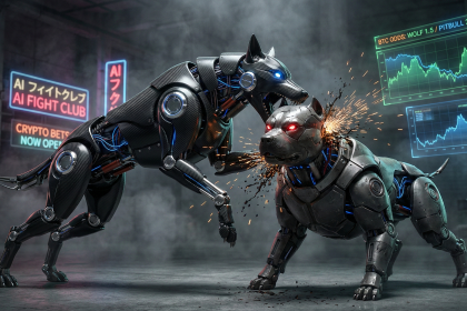Hyper-realistic image of two biomimetic AI combat robots—a mechanical wolf and a robotic pitbull—fighting in a dark underground arena with sparks, neon lights, and holographic betting screens