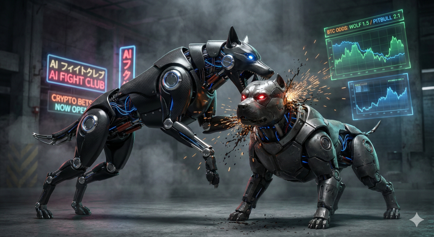 Hyper-realistic image of two biomimetic AI combat robots—a mechanical wolf and a robotic pitbull—fighting in a dark underground arena with sparks, neon lights, and holographic betting screens