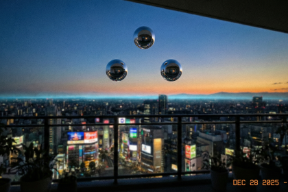 A realistic photo of the 2025 Global UAP Cluster showing three reflective metallic spheres hovering over a city at twilight with a blue earthquake light glow on the horizon.