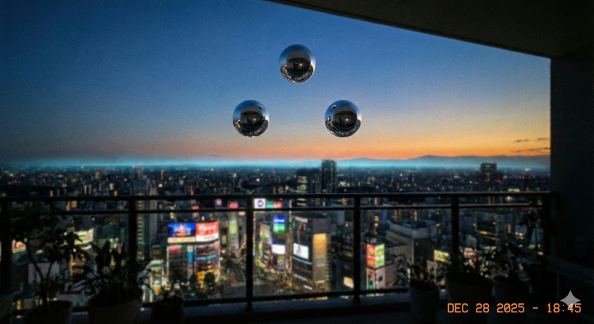 A realistic photo of the 2025 Global UAP Cluster showing three reflective metallic spheres hovering over a city at twilight with a blue earthquake light glow on the horizon.