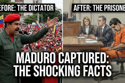 Nicolás Maduro captured 2026 split screen military gear vs NYC courtroom sketch narco-terrorism trial.