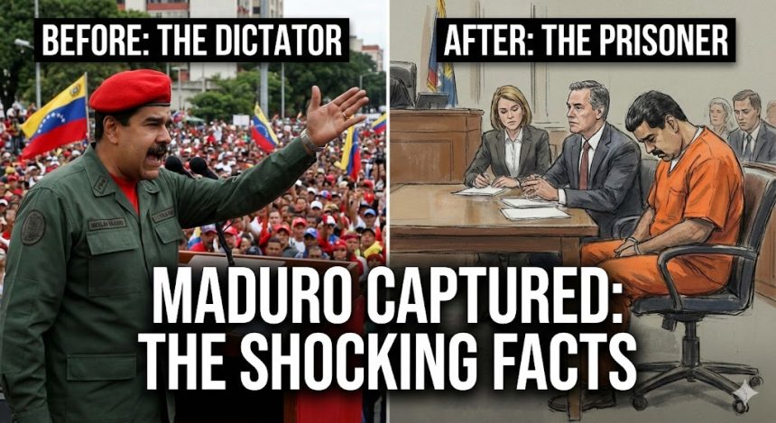 Nicolás Maduro captured 2026 split screen military gear vs NYC courtroom sketch narco-terrorism trial.